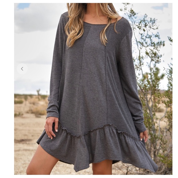07 Boho Solid Ruffled Long Sleeve Dress - Picture 4 of 5